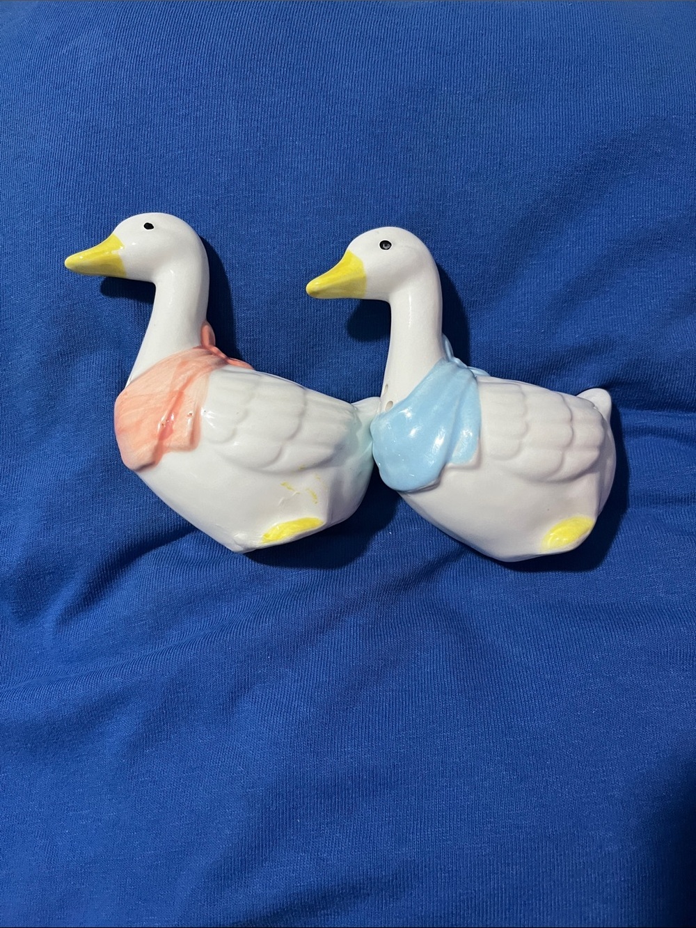 Ceramic Goose Salt & Pepper Shaker Set in Blue and Pink Scarves
